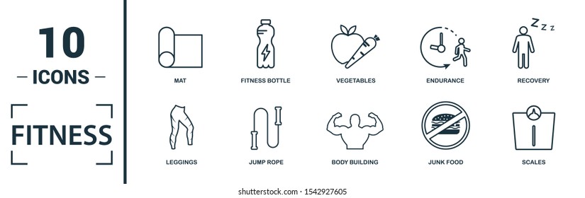 Fitness icon set. Include creative elements pool swimming, calories burn, water, junk food, recovery icons. Can be used for report, presentation, diagram, web design.