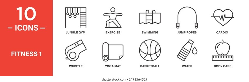 Fitness icon set. Jungle gym, exercise, swimming, jump ropes, cardio, whistle, icons. Outlined icon collection. Vector illustration.