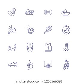 Fitness icon set. Set of line icons on white background. Sport concept. T-shirt, rugby, bicycle. Vector illustration can be used for topics like hockey, football, sport