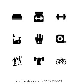 fitness icon set. measuring tape, glove and stationary bike vector icon for graphic design and web