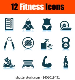 Juego de iconos de fitness. Diseño de reflexión de sombra. Ilustración vectorial.