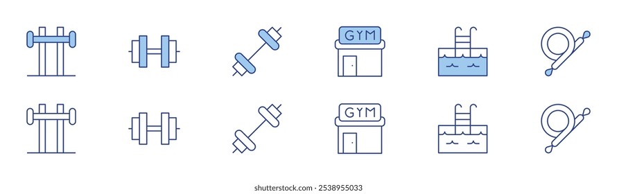 Fitness icon set in two styles, Duotone and Thin Line style. Editable stroke. barbell, dumbell, fitness, gym, pool, resistance band.