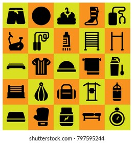 Fitness icon set vector. ball, clothing, shirt and punching bar
