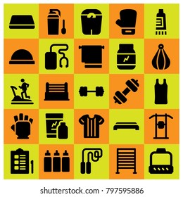 Fitness icon set vector. ball, punching, towel and gym mat
