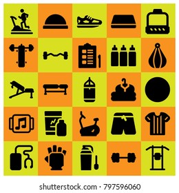 Fitness icon set vector. bench, treadmill, bike and sport shirt