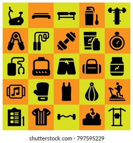 Fitness icon set vector. boxing glove, shirt, punching ball and stationary bike