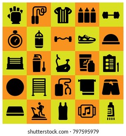 Fitness icon set vector. checklist, gym bars, music player and shoes