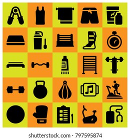 Fitness icon set vector. chronometer, punching ball, shinpad and shirt