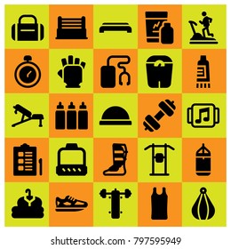 Fitness icon set vector. cream, bench press, running and pull up