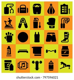 Fitness icon set vector. cream, scale, bench press and punching