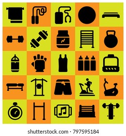 Fitness icon set vector. dumbbell, punching, gym bars and pull up