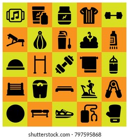 Fitness icon set vector. glove, bosu ball, punching ball and cloth