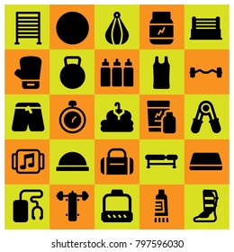 Fitness icon set vector. glove, pants, biceps dumbbell and sports pants