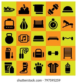 Fitness icon set vector. gym step, towel, dumbbell and running