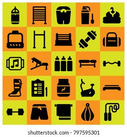Fitness icon set vector. hammed, towel, punching and pants