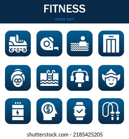 conjunto de iconos de fitness. Ilustraciones vectoriales relacionadas con patinaje sobre ruedas, cinta de medida y piscina