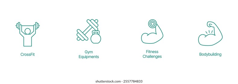 Fitness Icon Set - Vector Illustrations for CrossFit, Gym Equipment, Fitness Challenges, and Bodybuilding