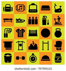 Fitness icon set vector. kettlebell, glove, boxing and running shoes