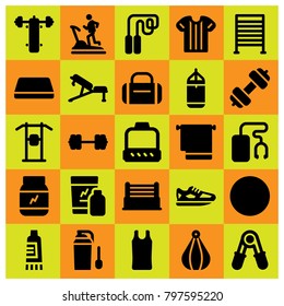 Fitness icon set vector. mat, protein, sport shirt and running