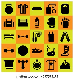 Fitness icon set vector. music player, block, scale and ball