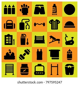 Fitness icon set vector. music player, pull up bar, sports pants and dumbbell
