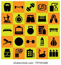 Fitness icon set vector. music player, stationary bike, cream and scale
