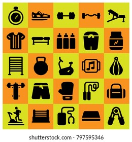 Fitness icon set vector. pants, block, protein and skipping