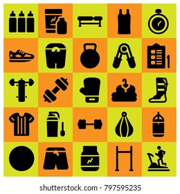 Fitness icon set vector. protein, bench press, glove and shinpad