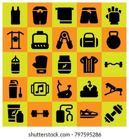 Fitness icon set vector. protein, music player, bike and bench