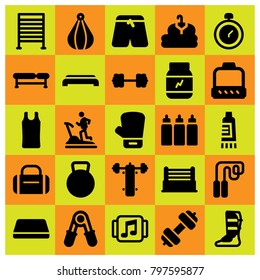 Fitness icon set vector. protein, boxing, kettlebell and shirt