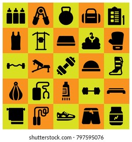 Fitness icon set vector. pull up bar, punching, clothing and skipping