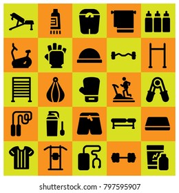 Fitness icon set vector. pull up, stationary bike, gym bars and biceps dumbbell