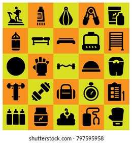 Fitness icon set vector. pulley, boxing, punching bar and music player
