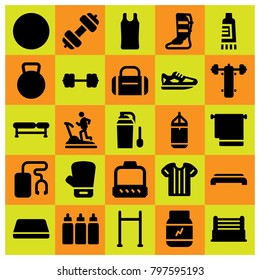 Fitness icon set vector. punching bar, capsules, dumbbell and running shoes