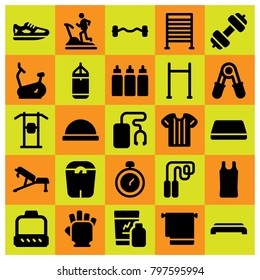 Fitness icon set vector. punching bar, pull up, chronometer and biceps dumbbell