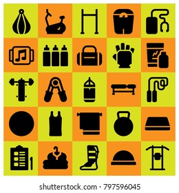 Fitness icon set vector. punching, block, stationary bike and capsules