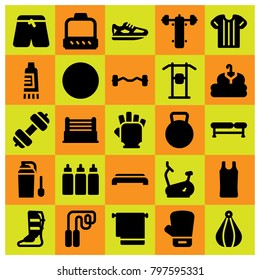 Fitness icon set vector. ring, pants, capsules and bench