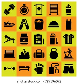 Fitness icon set vector. ring, scale, gym gloves and treadmill