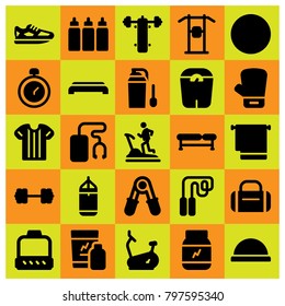 Fitness icon set vector. running shoes, bike, towel and glove