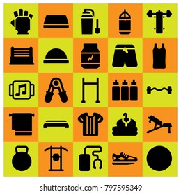 Fitness icon set vector. running, dumbbell, gloves and capsules
