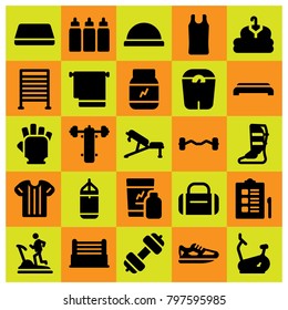 Fitness icon set vector. running, gym gloves, punching and stationary bike