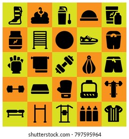 Fitness icon set vector. shakes, cloth, ball and boxing glove