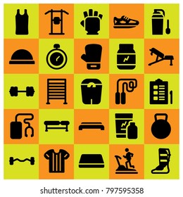 Fitness icon set vector. shinpad, pull up bar, mat and skipping
