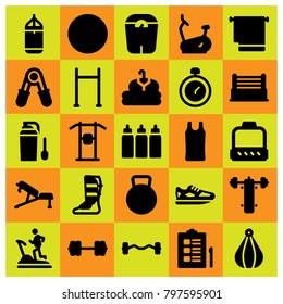 Fitness icon set vector. shoes, scale, clothing and pulley