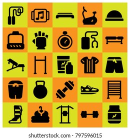 Fitness icon set vector. skipping, shinpad, chronometer and step