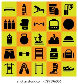 Fitness icon set vector. skipping, protein, punching and biceps dumbbell