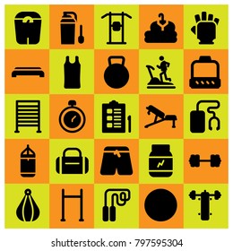 Fitness icon set vector. treadmill, pull up, bench and protein