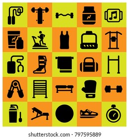 Fitness icon set vector. treadmill, gym bars, boxing and sport shirt