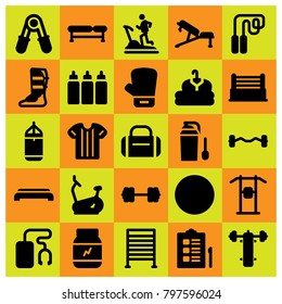 Fitness icon set vector. treadmill, stationary bike, biceps dumbbell and pull up bar