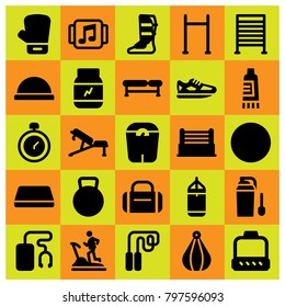 Fitness icon set vector. treadmill, boxing glove, punching ball and mat